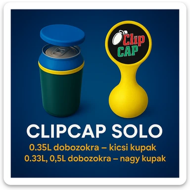 A kupakokat színezd át kékre. A CLIPCAP DUO felírat helyett CLIPCAP SOLO felírat legyen, a "kicsi és nagy kupak a csomagban" szöveg helyett "0.25L dobozokra - kicsi kupak" és a "0.33L,0.5L dobozokra - nagy kupak" külön sorban. A 0.25L, a 0.33L, a 0.5L-t ponttal írd! sticker