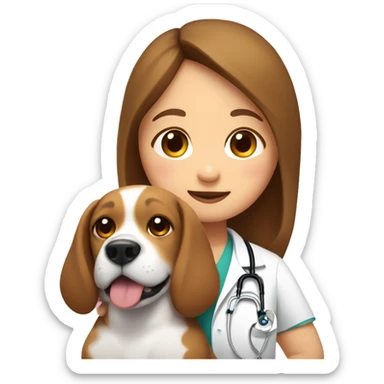 Chubby Beagle cuddles doctor girl with long brown hair sticker
