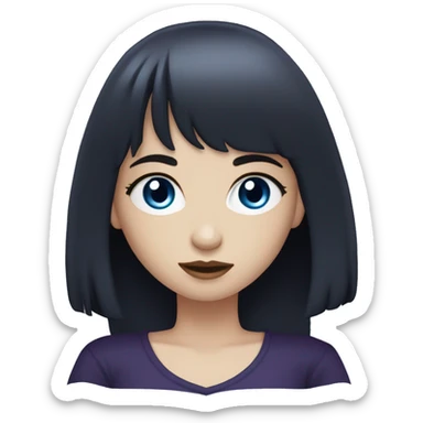 girl, pale skin, blue eyes, long hair, deep purple hair, bangs, black clothes, eyeliner, mole above left upper lip sticker