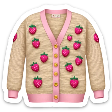 beige crocheted cardigan embroidered with small pink strawberries sticker