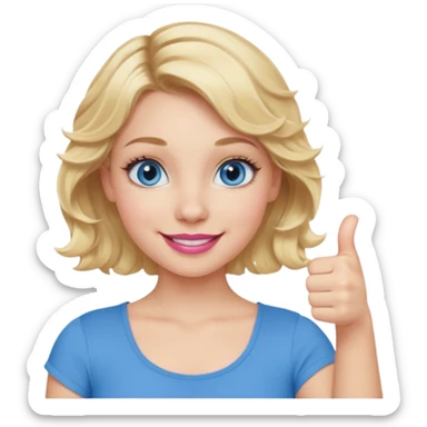 Girl Blonde short wavy hair,  blue eyes, cute blue top, long lashes, pink lips, smiling, thumbs up sticker
