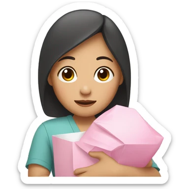 An Asian woman with a baby in her arms, holding a pink package sticker