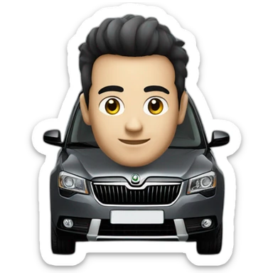 A man with black short hair near the car “Skoda Yeti” in dark grey colour sticker