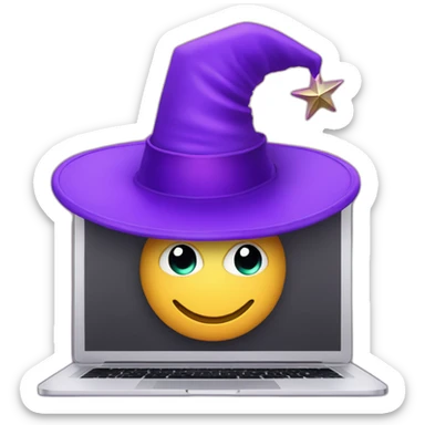 magician with a purple pointy magic hat with a star working on a macbook sticker