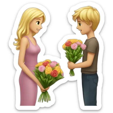 A boy who offers a bouquet of flowers to a pretty blonde sticker