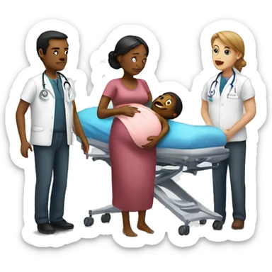 a woman gives birth and doctors stand nearby sticker