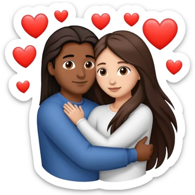 A couple hugging. The man has medium brown skin, dark brown slightly long straight hair. The woman has fair skin, long dark brown hair. White hearts around them. sticker