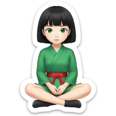 Japanese girl with short black hair and bangs, wearing a Jirai Kei outfit, green eyes, sitting pose sticker