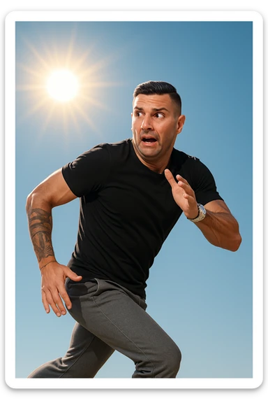 Uomo che corre via dal sole spaventato perchè pensa sia nocivo realistica sticker