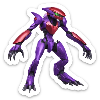 a shiny purple-green-red Genesect-Raptor-Fakémon—hybrid with a futuristic visor-helmet full body sticker