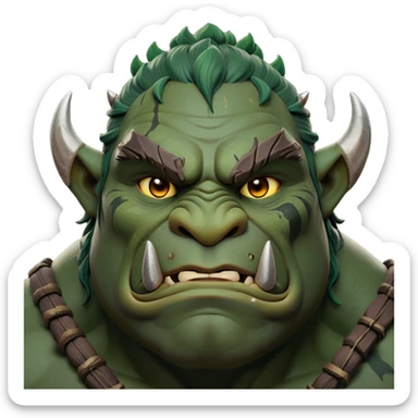 Cinematic Noble Ogre Portrait Emoji, Majestic and imposing, with a rugged, muscular form in deep earthy greens and browns, adorned with battle scars and subtle tribal markings, exuding calm, noble strength and unexpected wisdom, simplified yet strikingly detailed, glowing with a shadowy outline that captures the essence of a gentle giant with fierce heart! sticker