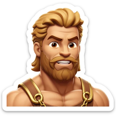Cinematic Realistic Hercules Portrait, head tilted dramatically with an exaggeratedly amused expression, featuring a bold yet playful demeanor. His rugged, muscular form and finely detailed classical garb are rendered with dynamic lighting and robust textures, conveying a rare moment of lighthearted mirth from a timeless legend. sticker