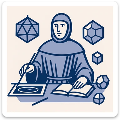 Create a flat startup logo inspired by Luca Pacioli's painting, focusing on geometric shapes and mathematical tools, omitting the tool to his right. Use a blue color palette, minimalist and modern style, experimenting with different geometric arrangements. sticker