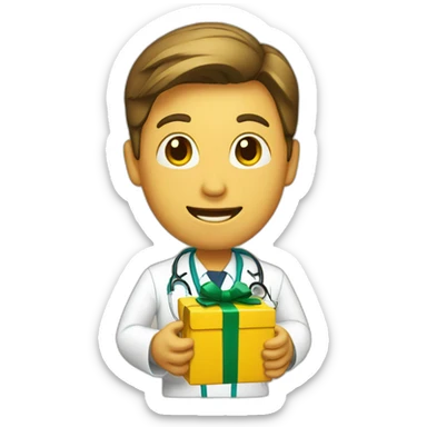 yellow doctor holding a Christmas present sticker