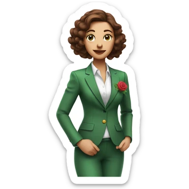 Woman with brown hair in green suit with rose on stomach sprayin perfume sticker