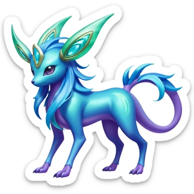 Futuristic shiny pastel bioluminescent transparent translucent iridescent glowing neon cool tough evil Suicune-Bayleaf-Celebi-Pokémon-Fakémon-hybrid-creature sticker