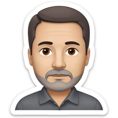 Hispanic man, 57 years old with light complexion. Round face with defined jawline. Expressive dark brown eyes, thick straight eyebrows. Short brown hair, slightly styled. Full brown beard with minimal gray. Professional appearance. Wearing a dark collared shirt. sticker