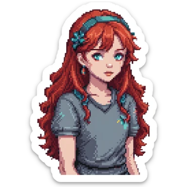Y2K girl with red hair, pixel art style sticker