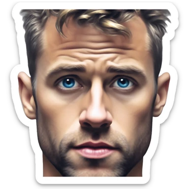 Solarpunk Ryan Renolds in bladerunner style, oil paint, epic eyes, intricate lips, exquisite pose, beautiful, desirable, logical sticker