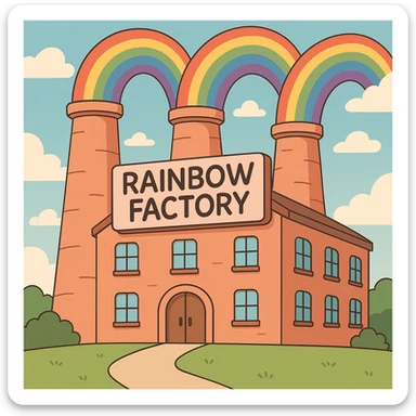 a cartoon-style rainbow factory with rainbows coming out of chimneys, cheerful and bright sticker
