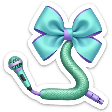 A pastel blue bow with a pastel a pastel green snake at the top of one side and a pastel purple microphone on the bottom of the other side of the bow sticker