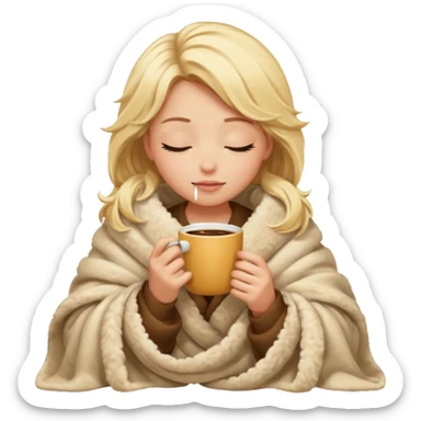Blonde girl inside a blanket sipping coffee eyes closed sticker