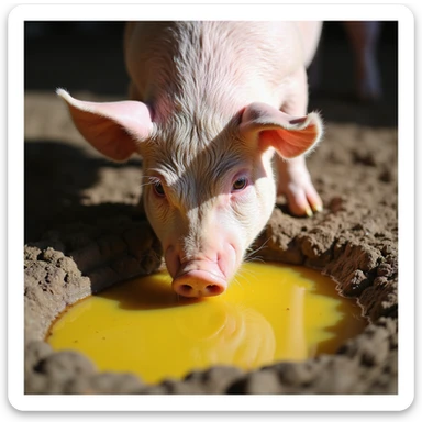close-up of a pig sniffing and drinking from a yellow puddle in the mud, natural light, farm environment, 4K quality sticker