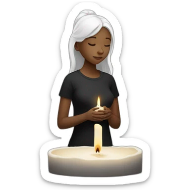a girl with white skin and black t-shirt prays at a candle in her left  sticker
