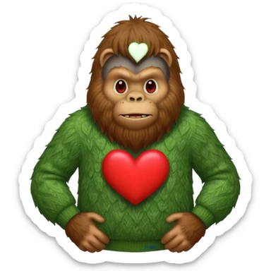 Bigfoot wear a green sweater with a big red heart on the front sticker