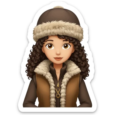 "A girl with curly dark hair 👩🏻‍🦱, wearing a fur hat 👒🦊 and a fur vest 🧥, standing in the snow ❄️ with pine trees 🌲 in the background, holding a Bashkir dombyra 🎶. Emoji style." sticker