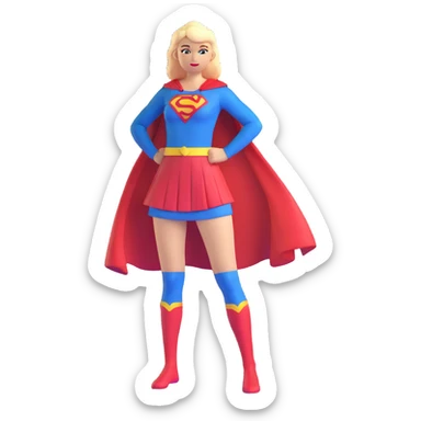 Supergirl superhero full body, blue tights costume with red skirt, red cape and S emblem sticker