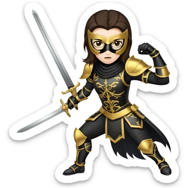 Brunette sword fighting assassin with a mask and black and gold armour sticker