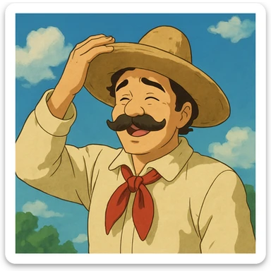 Mexican with a mustache giving thanks while taking off his hat sticker