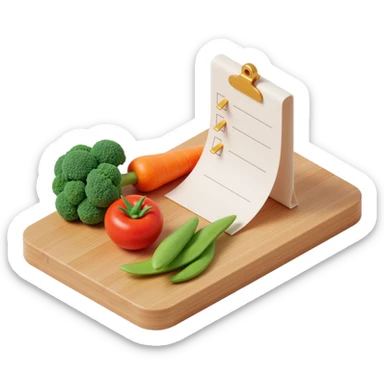 "3D isometric illustration of a wooden cutting board with fresh vegetables (carrot, broccoli, tomato, peas), a paper grocery list with checkboxes, soft lighting, realistic textures, floating shadows, minimalistic style, dark background, modern food planning app aesthetic sticker