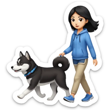 A black-haired girl walks a black and white husky sticker