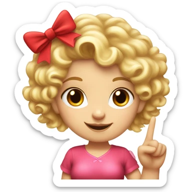 Realistic isolated Caucasian female cupid character with short curly blonde hair holding up peace fingers with red and pink outfit and red bow in her hair. sticker