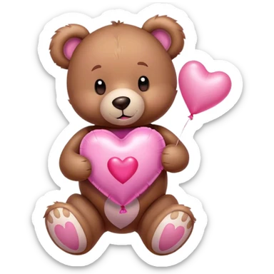 Adorable Plush brown teddy bear holding an inflatable metallic pink heart-shaped balloon in his paw and love letter of the color pink sticker