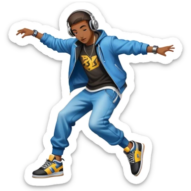 Icon for Street Dance: a dancer in urban streetwear performing a dynamic breakdance move, with a spray-painted background, headphones, and a boombox on the asphalt. The icon should capture the energy, style, and creativity of street dance culture. Transparent background. sticker
