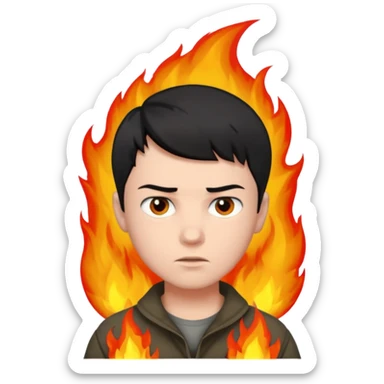 boy with short black hair, fire, risk-taker, realist sticker
