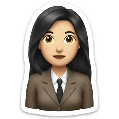 Female defense attorney with long black hair with brown suit sticker