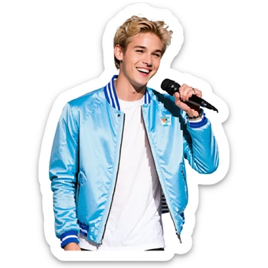 Pixel art style, expressive male performer, Caucasian features, short sandy blonde hair, lively eyes, wide cheerful smile, wearing a sky blue jacket over white tee, tossing a microphone in one hand, waist-up, front-facing sticker