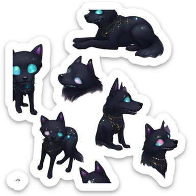Black iridescent dog fox zombie skeleton gold mechanical nebula galaxy stars flowers fairy lights vintage sticker