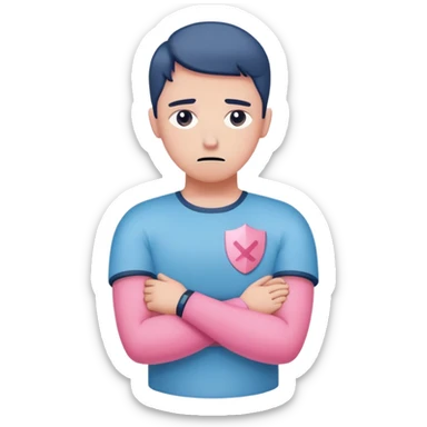 avoidant person with guarded neutral expression and slightly distant eyes, body posture leaning away with arms crossed creating emotional barrier, small shield or wall symbol nearby, phone face down being ignored, minimal soft rounded design with gentle blue and pink colors matching anxious attachment style sticker