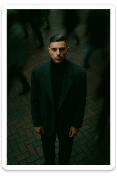 overhead shot of me standing still on a brick city sidewalk, wearing a dark oversized blazer,
motion-blurred crowd rushes past around me. Moody lighting, 35mm film look, shallow depth of field, sharp focus on me. sticker