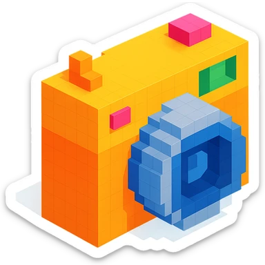 classic design camera in voxel style, isometric view sticker