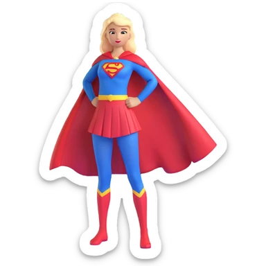 Supergirl superhero full body, blue tights costume with red skirt, red cape and S emblem sticker