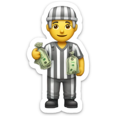 A prisoner with a bag of money with $ written on it sticker