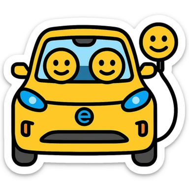 Change the EV car to yellow, keep the cute circle eyes and EV charger on the right, with no background. sticker
