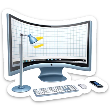 Create an emoji for 3D visualization and modeling. Show a 3D object like room model with grid lines on a big curved monitor. and a modeling tool (e.g., a mouse or stylus). Use modern, professional colors. Do not include any emojis or smiley faces. Make the background transparent. sticker