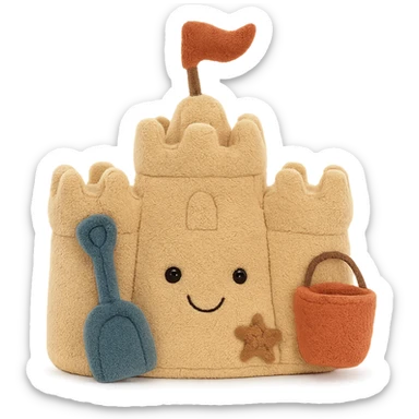 a soft toy jellycat in the form of a sand castle, featuring playful beach-themed accents sticker